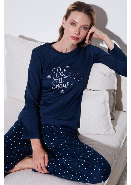 Regular Fit Desenli Bisiklet Yaka Pijama Takımı Bayan Pijama Takımı 65719102