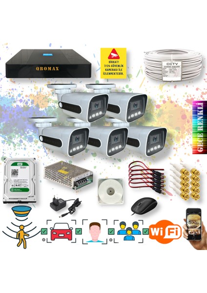 5 Kameralı Set - Yapay Zeka Özellikli Gece Renkli Gösteren 5MP SONY Lensli 4 Ultra Warm Ledli FULLHD Güvenlik Kamerası Seti 784W-9008