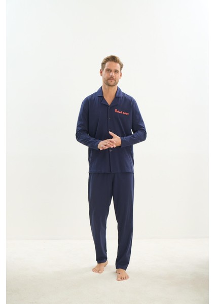 Erkek Uzun Kol Gömlek Yaka Önden Düğmeli Lacivert Pijama Takım C0T1N5O9 fırsatları