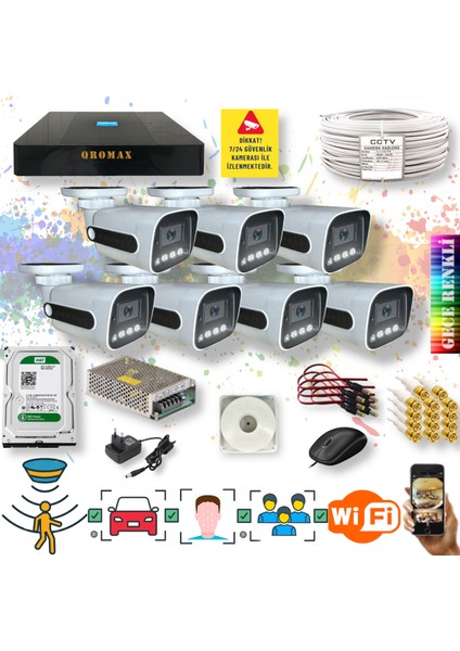 7 Kameralı Set - Yapay Zeka Özellikli Gece Renkli Gösteren 5MP SONY Lensli 4 Ultra Warm Ledli FULLHD Güvenlik Kamerası Seti 784W-9008