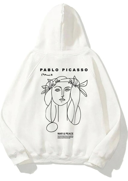 Kapüşonlu Içi Polar War & Peace Baskılı Beyaz Unisex Sweatshirt