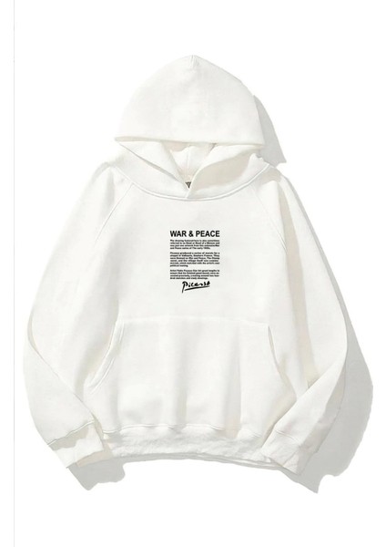 Kapüşonlu Içi Polar War & Peace Baskılı Beyaz Unisex Sweatshirt
