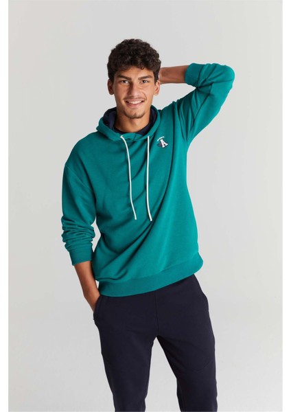 3477 Kapüşonlu 3 Iplik Şardonlu Baskılı Zümrüt Sweatshirt