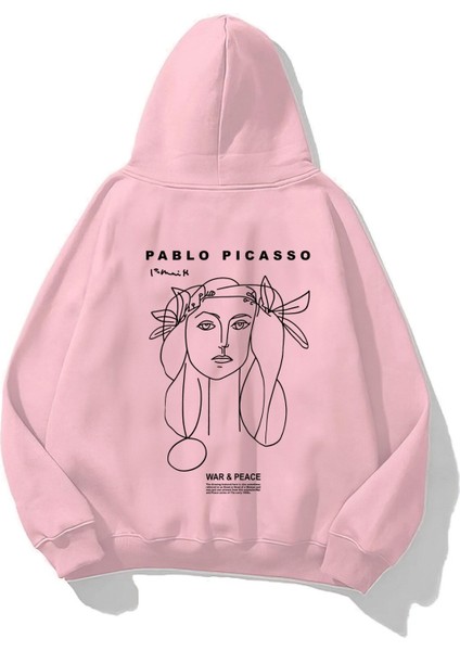 Kapüşonlu Içi Polar War & Peace Baskılı Pembe Unisex Sweatshirt