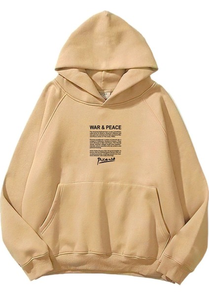 Kapüşonlu Içi Polar War & Peace Baskılı Bej Unisex Sweatshirt