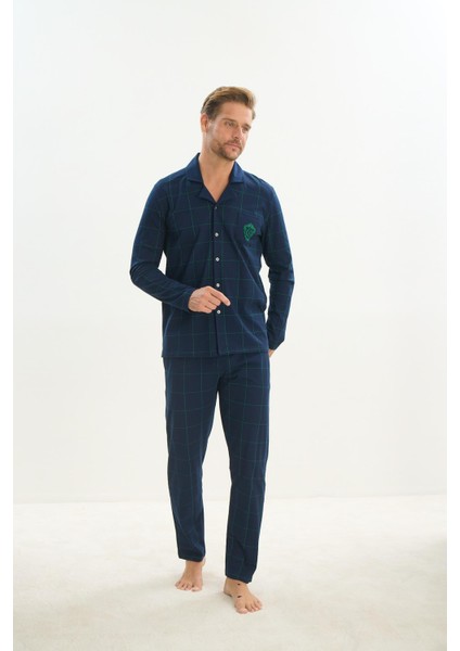 Erkek Uzun Kol Gömlek Yaka Önden Düğmeli Lacivert Pijama Takım C2T1N5O9 modelleri
