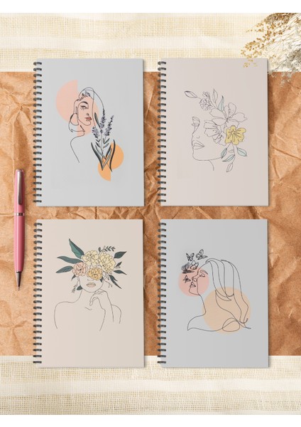 4'lü Spiralli Okul Defteri 60 Yaprak 4'lü Set - A5 Boy Çizgili 15 x 21 cm Çizgisel Kadın Set Defter