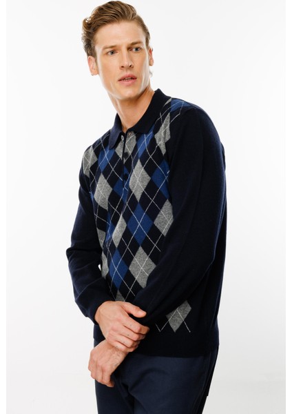 Erkek Polo Yaka Önü Baklava Desenli Yün Kazak K.lacivert