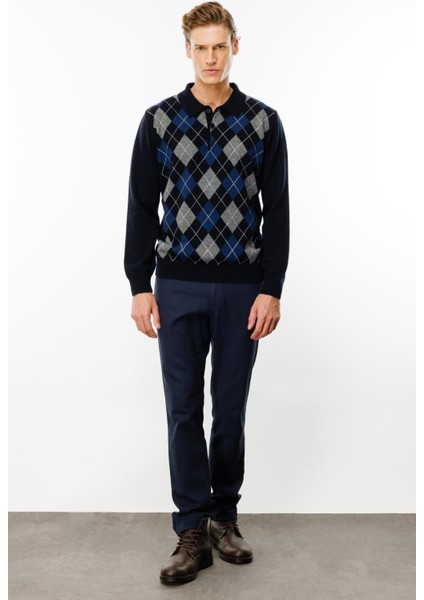 Erkek Polo Yaka Önü Baklava Desenli Yün Kazak K.lacivert fiyatları