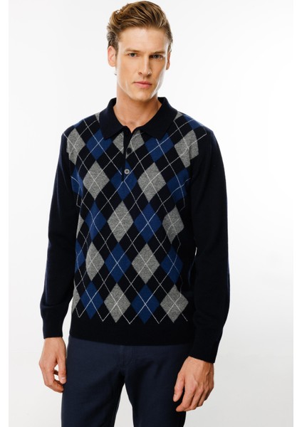 Erkek Polo Yaka Önü Baklava Desenli Yün Kazak K.lacivert modelleri