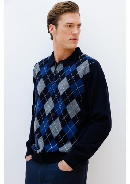 Erkek Polo Yaka Önü Baklava Desenli Yün Kazak K.lacivert indirimleri