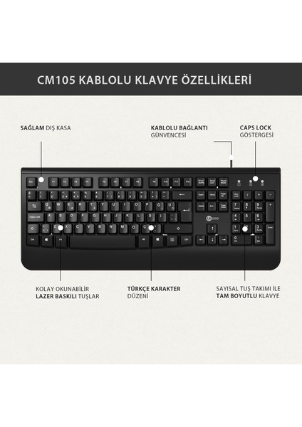 CM105 USB Kablolu Türkçe Q Klavye & Mouse Set Siyah