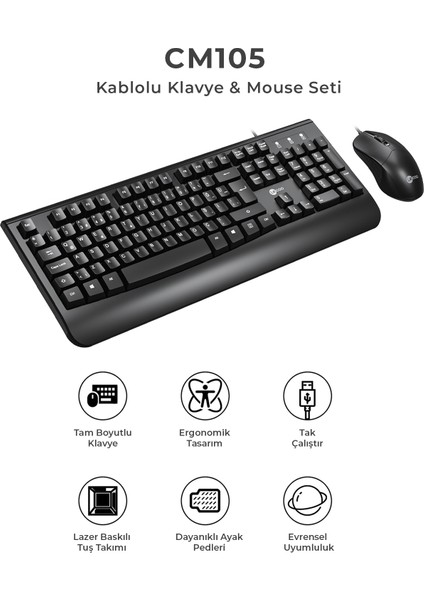 CM105 USB Kablolu Türkçe Q Klavye & Mouse Set Siyah