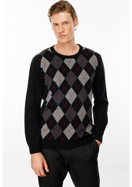 Erkek Sıfır Yaka Önü Baklava Desenli Kazak Siyah