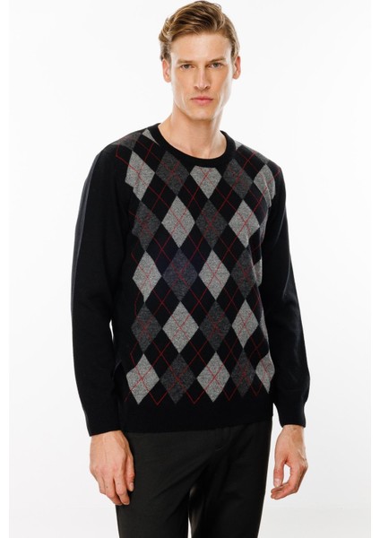 Erkek Sıfır Yaka Önü Baklava Desenli Kazak Siyah fırsatları