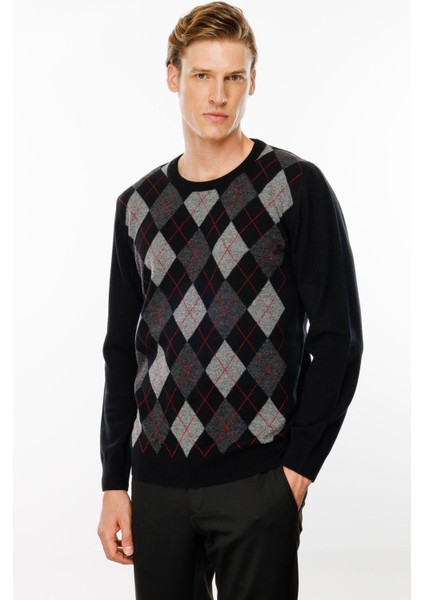 Erkek Sıfır Yaka Önü Baklava Desenli Kazak Siyah indirimleri