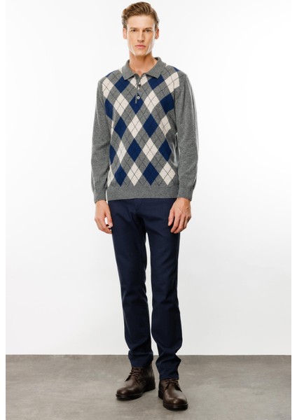 Erkek Polo Yaka Önü Baklava Desenli Yün Kazak Füme fiyatları