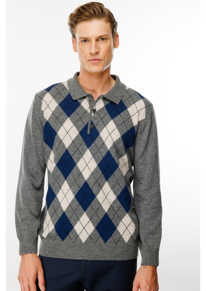 Erkek Polo Yaka Önü Baklava Desenli Yün Kazak Füme modelleri