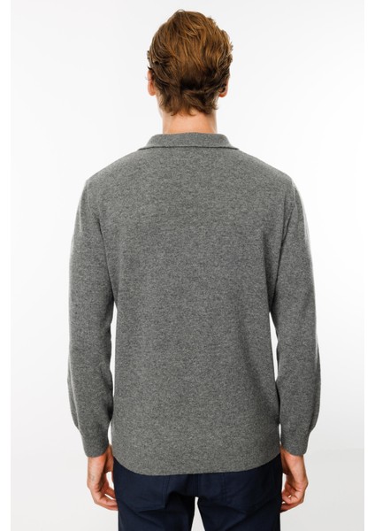 Erkek Polo Yaka Önü Baklava Desenli Yün Kazak Füme indirimleri