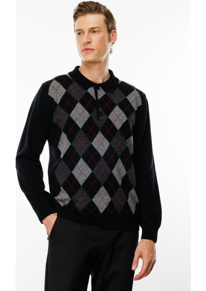 Erkek Polo Yaka Önü Baklava Desenli Yün Kazak Siyah modelleri