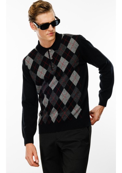 Erkek Polo Yaka Önü Baklava Desenli Yün Kazak Siyah