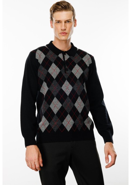 Erkek Polo Yaka Önü Baklava Desenli Yün Kazak Siyah indirimleri