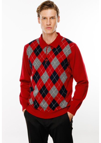 Erkek Polo Yaka Önü Baklava Desenli Yün Kazak K.kırmızı