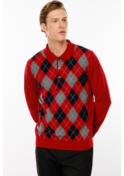 Erkek Polo Yaka Önü Baklava Desenli Yün Kazak K.kırmızı fiyatları