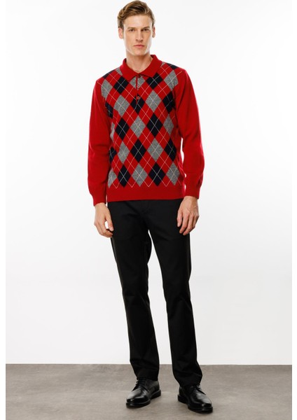 Erkek Polo Yaka Önü Baklava Desenli Yün Kazak K.kırmızı modelleri