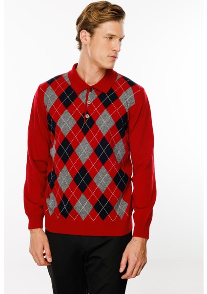 Erkek Polo Yaka Önü Baklava Desenli Yün Kazak K.kırmızı fırsatları