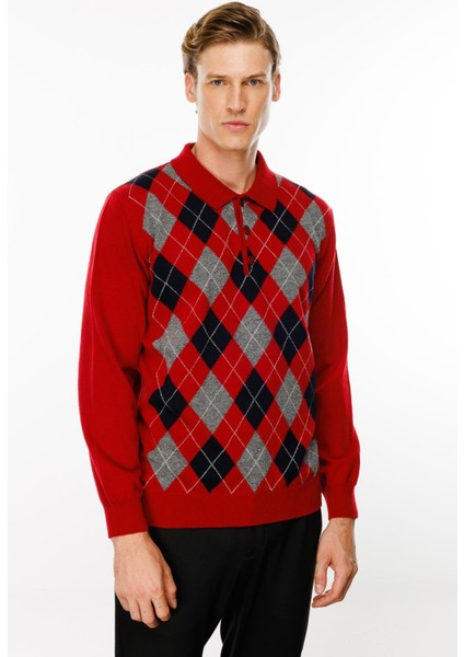 Erkek Polo Yaka Önü Baklava Desenli Yün Kazak K.kırmızı indirimleri