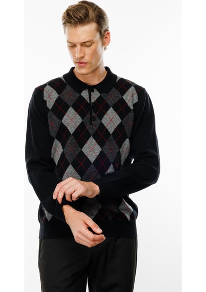 Erkek Polo Yaka Önü Baklava Desenli Yün Kazak Siyah fırsatları