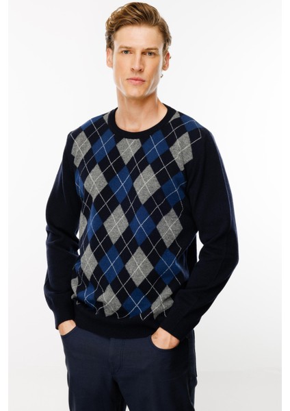 Erkek Sıfır Yaka Önü Baklava Desenli Kazak K.lacivert