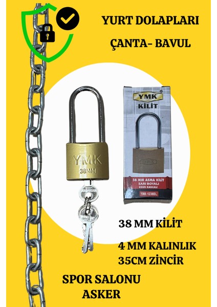 Ymk 38MM Kaliteli Asma Kilit - Çelik Zincir 35CM Dolap, Bot, Çanta, Bavul, Yurt, Spor, Asker Vb..