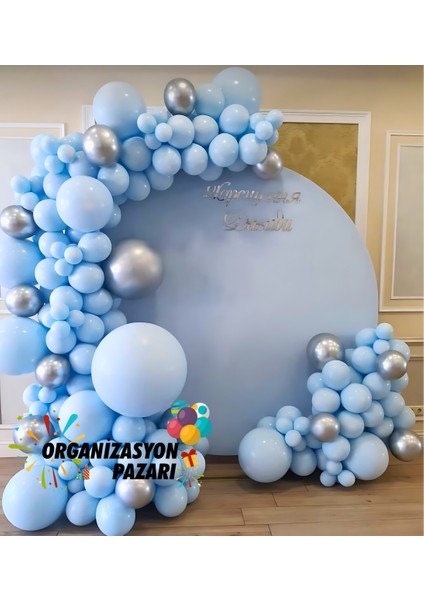 Balon Seti Makaron Mavi - Krom Gümüş 100 Lü Balon Zinciri Seti