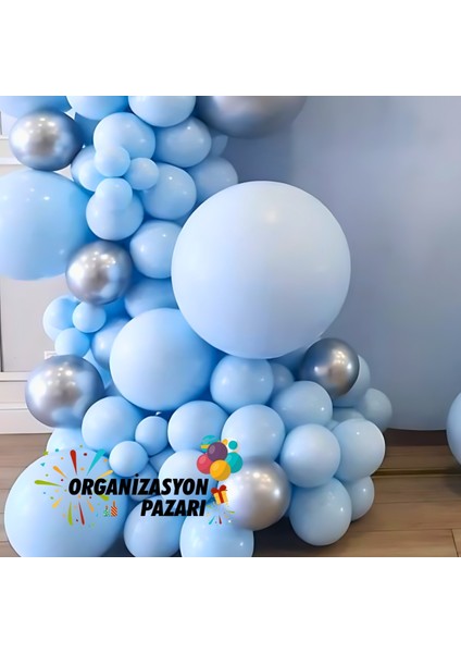 Balon Seti Makaron Mavi - Krom Gümüş 100 Lü Balon Zinciri Seti