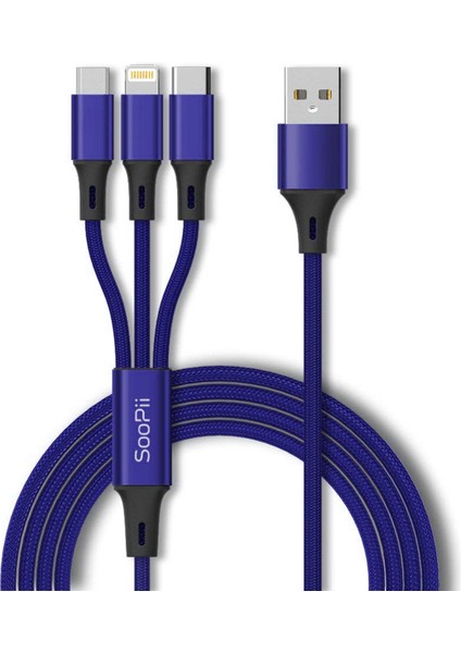 S07 Alüminyum 3 In 1 Type-Microb, Type-C, Lightning 3A Örgülü Çoklu Şarj Kablosu