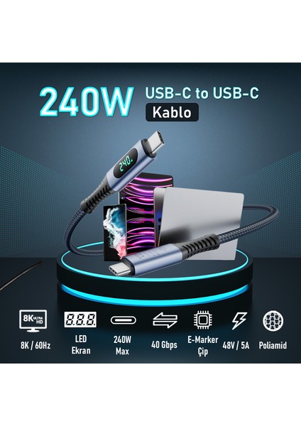 S42 PD 240W LED Ekranlı USB 4.0 40GBPS 8K-60Hz Type-C To Type-C Örgülü Görüntü Data Şarj Kablosu