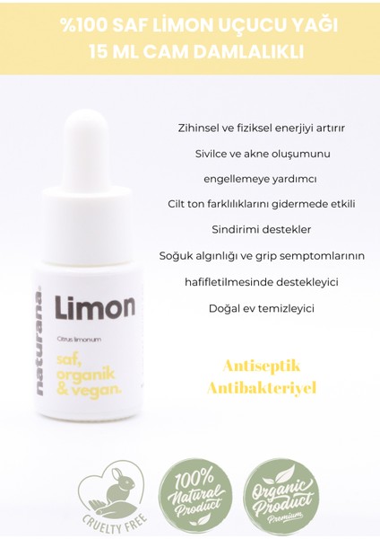 %100 Saf Limon Uçucu Yağı Aromaterapi Yağı Difüzör Kokusu 15 ml