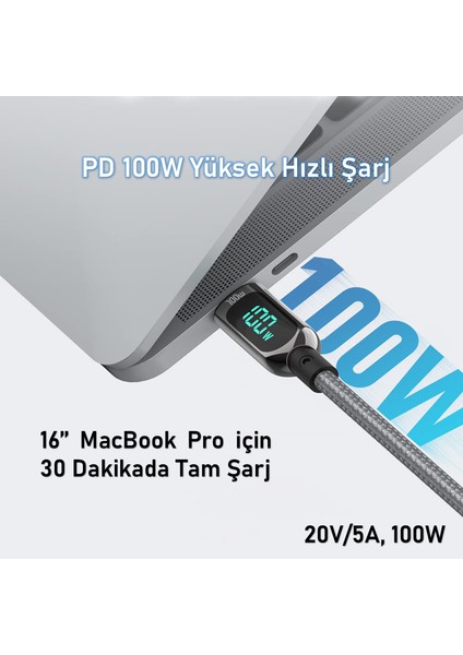 S10CC PD 100W LED Ekranlı Type-C To Type-C Data Şarj Kablosu