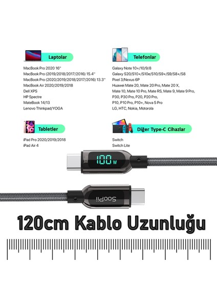 S10CC PD 100W LED Ekranlı Type-C To Type-C Data Şarj Kablosu