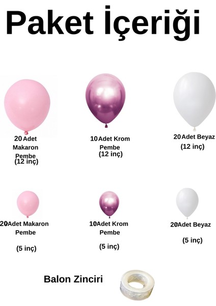 Balon Seti Makaron Pembe-Krom Pembe-Pastel Beyaz 100 Lü Balon Zinciri Seti