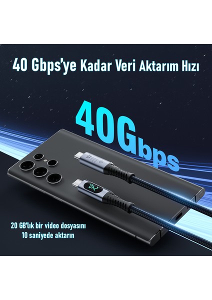 S42 PD 240W LED Ekranlı USB 4.0 40GBPS 8K-60Hz Type-C To Type-C Örgülü Görüntü Data Şarj Kablosu