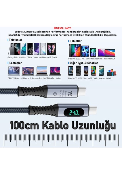 S42 PD 240W LED Ekranlı USB 4.0 40GBPS 8K-60Hz Type-C To Type-C Örgülü Görüntü Data Şarj Kablosu