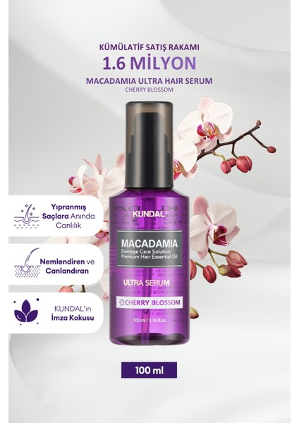 Kuru ve Yıpranmış Saçlara Onarıcı Bakım Serumu KUNDAL Macadamia Ultra Hair Serum (Cherry Blossom)