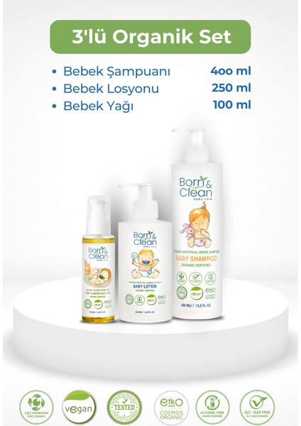 Born & Clean Organik 3lü Set Şampuan, Losyon, Yağ