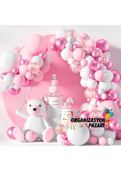 Balon Seti Makaron Pembe-Krom Pembe-Pastel Beyaz 60 Lı Balon Zinciri Seti