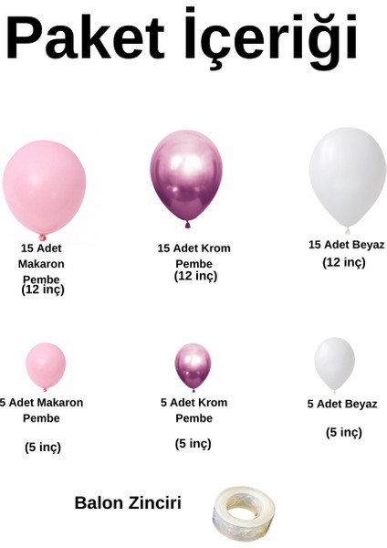 Balon Seti Makaron Pembe-Krom Pembe-Pastel Beyaz 60 Lı Balon Zinciri Seti