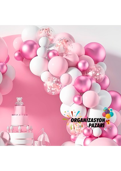 Balon Seti Makaron Pembe-Krom Pembe-Pastel Beyaz 60 Lı Balon Zinciri Seti