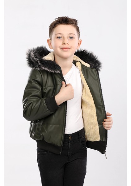 Erkek Çocuk Içi Kürklü ve Dolgulu Deri Mont Haki AVM128
